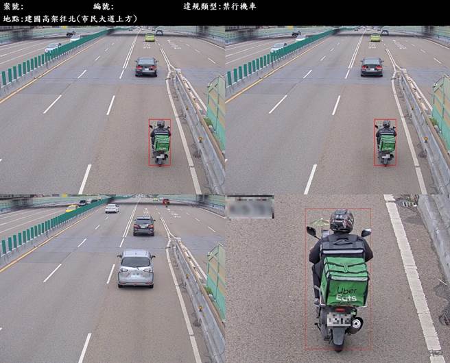 北市交大于市民、建国高架建置道路科技执法，针对「不依公告管制通行」、「行驶路肩」、「跨越双白线」及「机车违规行驶」等4项目进行取缔。图片可见UberEats外送员违规驶上高架遭取缔。（北市交大提供）