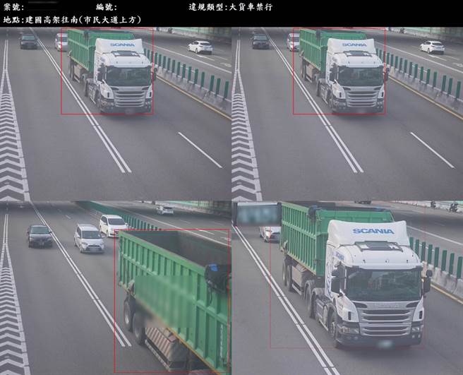 北市交大于市民、建国高架建置道路科技执法，针对「不依公告管制通行」、「行驶路肩」、「跨越双白线」及「机车违规行驶」等4项目进行取缔。（北市交大提供）