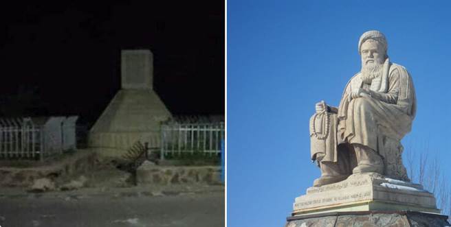 阿富汗哈拉札族的什叶派领袖马扎里雕像遭到推倒，他是1990年代北方联盟最初的领袖。(图/TWITTER)