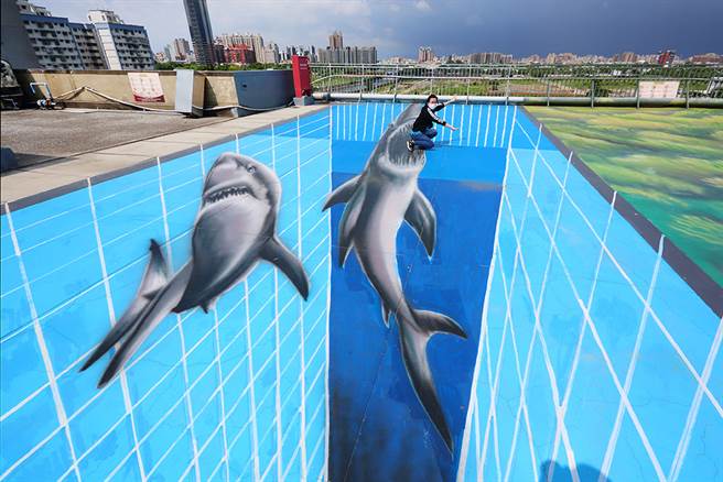 一不小心就会跌落鲨鱼的血盆大口，借位玩拍让人快门按不停。（摄影/Carter）