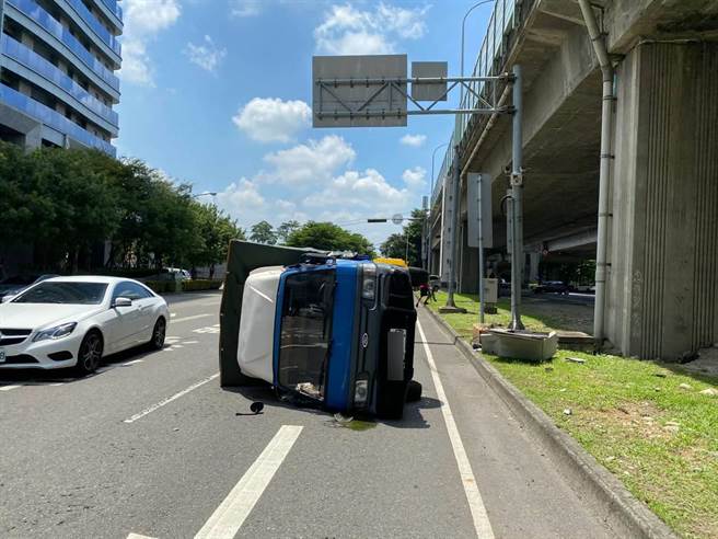 張姓男子駕駛自小貨車，沿環中路內側慢車道往青海路方向行駛，碰撞到警察局路口監視器機台，造成小貨車翻覆及監視器機台毀損。（民眾提供）