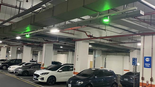 电动车位上方设置绿色灯号，当有车辆停入，即会转为红灯。（王文吉摄）