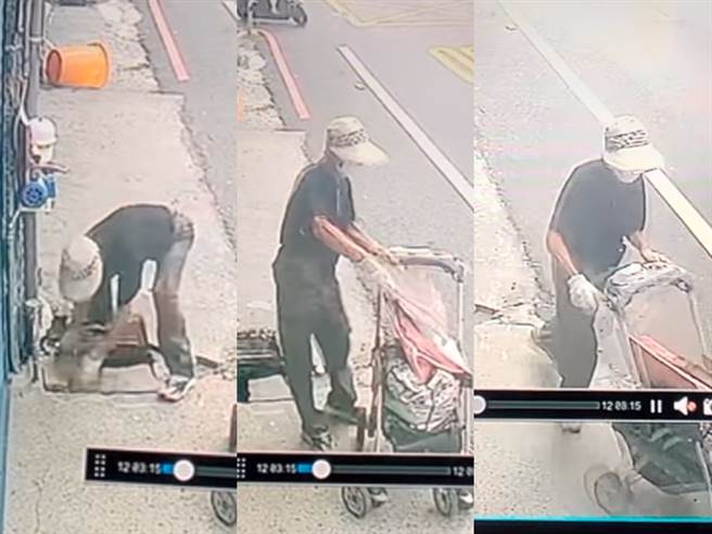 桃园市春日路近日出现1名水沟盖大盗，该名窃贼经常推着推车走在路上，发现路边有松脱的水沟盖后，就会直接徒手搬到推车上。（翻摄自脸书「爆料公社公开版」）