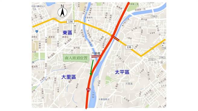 六順橋南入匝道工程位置圖。（台中市政府提供）