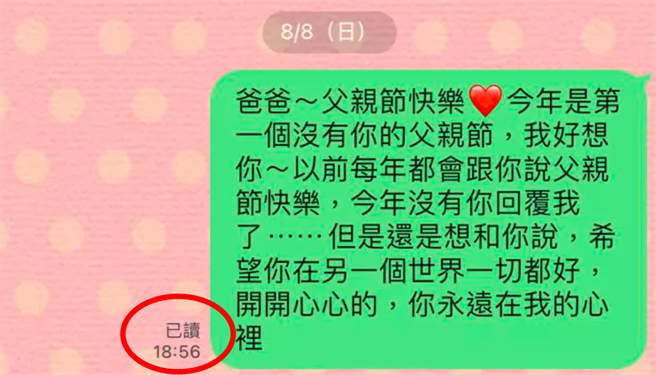 女网友第1次过没有父亲的父亲节，她难过之下决定仍传讯息给父亲，「你永远在我心里」，没想到讯息传出后，对方竟然显示已读。（翻摄自Dcard）