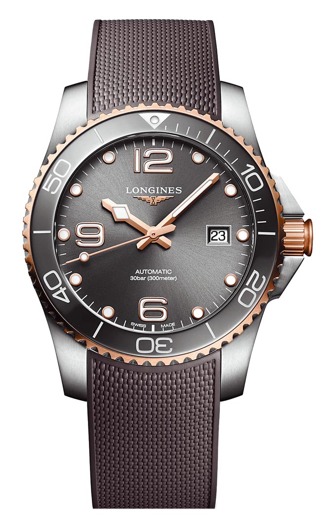 浪琴表HydroConquest深海征服者系列不鏽鋼玫瑰金色PVD灰色面盤腕表，5萬8800元。（Longines提供）
