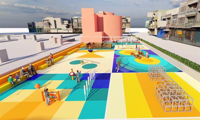 嘉义市中正公园现有儿童游戏场多为罐头游具，今23日起正式施工改善，完工后将变身为一座游戏百科全书式的城市型全龄共融游戏场，图为模拟示意图。（嘉义市政府提供／吕妍庭摄嘉义传真）