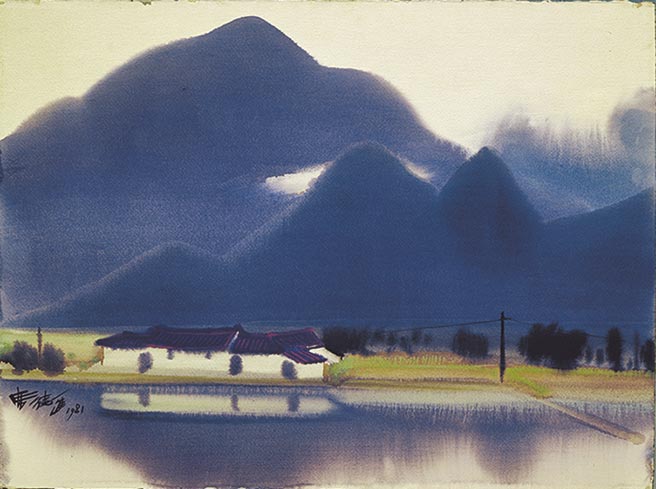 席德进作品常见台湾采风，图为《风景（鱼池乡）》。（国美馆提供）