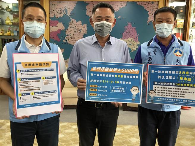 金門縣府將普發每人紓困現金5000元，楊鎮浯縣長今天宣布第1波約3.3萬餘人可於8月底前拿到紓困現金。（李金生攝）