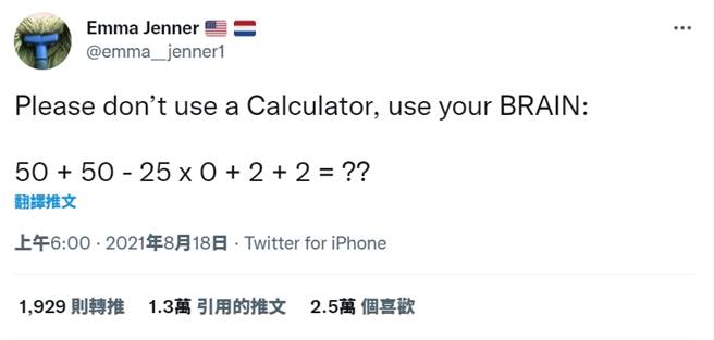 艾玛在推特询问一则简单数学算式，未料答案竟分为两大派，不少人连正确答站都算错。(图／twitter)