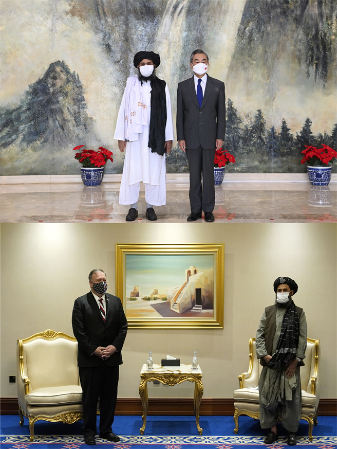 巴拉达是塔利班对外接触的主要领导人，他在川普总统时期会见过国务卿彭佩奥(下)，今年在进入喀布尔之前也访问了大陆会见中国外长王毅(上)。（图／美联社）