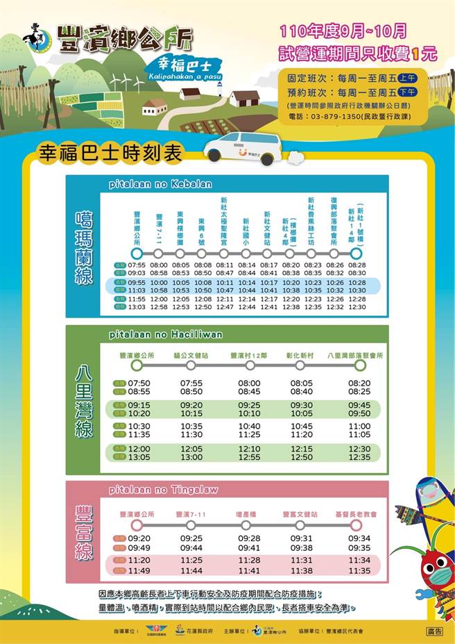 花莲县丰滨乡幸福巴士主要有3条路线，将于9月1日至10月31日试营运，期间更祭出1元的超佛心票价，鼓励民眾搭乘。（丰滨乡公所提供／罗亦晽花莲传真）