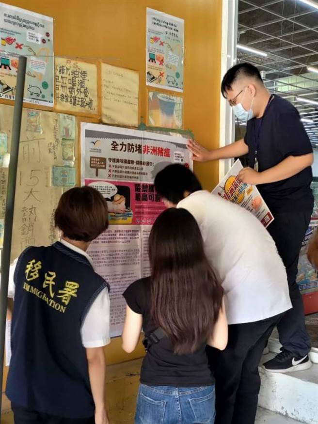 移民署与台南大学实习生为防堵猪瘟张贴海报。(移民署南区事务大队台南市第一服务站提供)