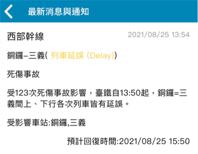 根據台鐵App顯示，受123次自強號死傷事故影響，台鐵自下午1時50分起，銅鑼=三義間上、下行各次列車皆有延誤。受影響車站包含銅鑼、三義，預計下午3時50分回復。（翻攝自台鐵APP）
