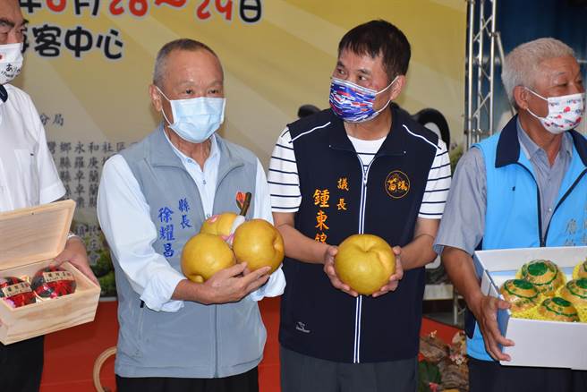 苗栗縣長徐耀昌與議長鍾東錦抱著碩大的甘露梨，歡迎全國民眾來苗栗吃好梨、賞好景。（謝明俊攝）