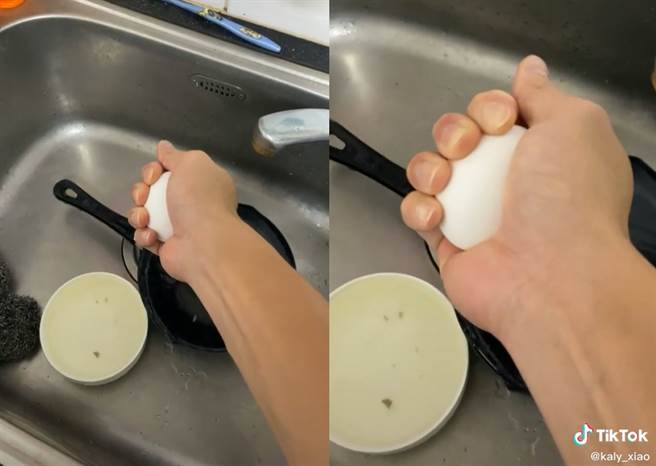原PO用尽全身力气打算将鸡蛋捏爆，但鸡蛋依旧完好无损。（图片翻摄自TikTok／kaly_xiao）