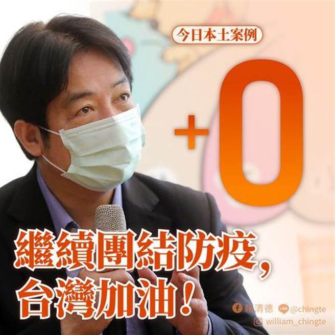 今本土个案＋0  赖清德：很棒，但没放松本钱。摘自赖清德脸书