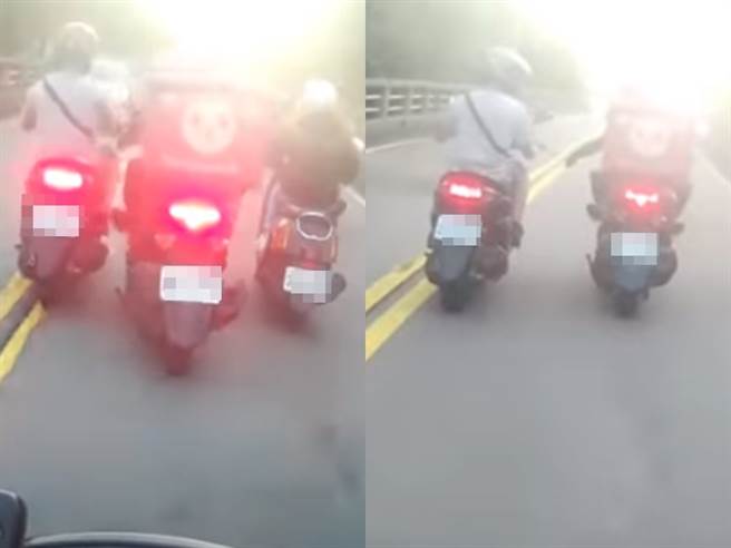 北市永和桥日前1辆外送机车准备上桥时，因道路缩窄，遭到右方Cuxi女骑士强行贴近，而外送员不愿退让，造成他与左侧的机车「3车并排」的恐怖画面。（翻摄自Youtube频道「Wowtchout-地图型行车影像分享平台」）