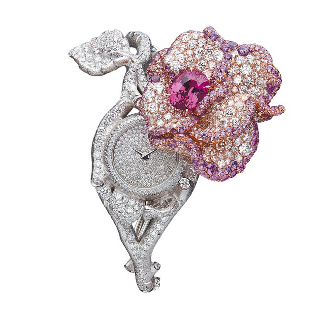 DIOR ROSE粉红蓝宝石钻石神秘表，主石3.41克拉椭圆形切割马达加斯加粉红蓝宝石，价格未定。（DIOR提供）