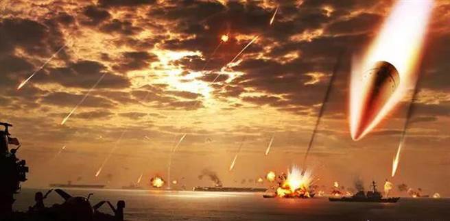 由于弹道导弹打击移动目标的命中率不高，因此解放军的将领与一些军事分析常会提到用饱和攻击来提高命中率。图为大量弹道导弹群攻击航母战斗群的想像图。（图／网路)
