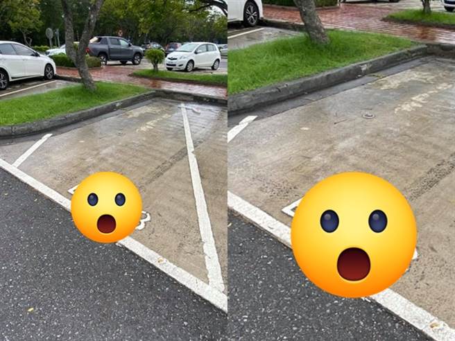 1名网友在国道关西休息站发现1处停车格呈现诡异的「5边形」，疑似因斜画停车格导致残余空间仍用作停车使用，让他笑说要怎么驶入汽车。（翻摄自脸书「爆怨公社」）