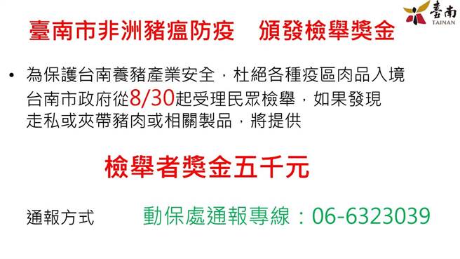 台南市長黃偉哲今天宣布，台南祭出非洲豬瘟檢舉獎金5000元。(曹婷婷攝)