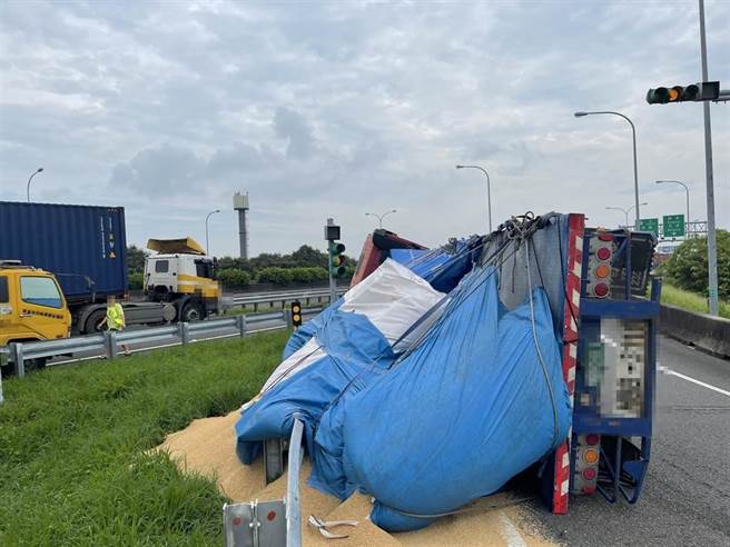 一辆满载稻谷的联结车今30日上午8点40分左右，要从嘉义交流道北上时，疑似未减速，加上车身重，竟在交流道入口环道侧翻，稻谷撒了一地。（国道警方提供∕吕妍庭嘉义传真）
