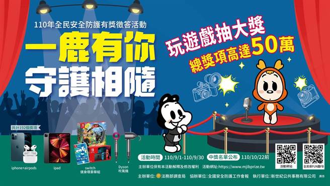 法務部調查局、全國安全防護工作會報舉辦的「110年全民安全防護有獎徵答『一鹿有你、守護相隨』」活動，即將於9月1日登場。（調查局台北市調查處中山站提供）