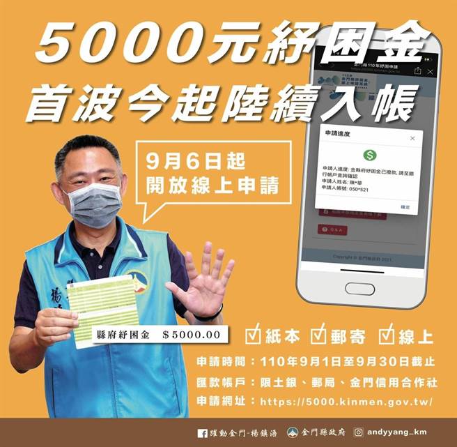 縣府預定9月1日至9月30日開放紙本、郵寄、線上（預計9／6推出）申請。（金門縣府觀光處提供）