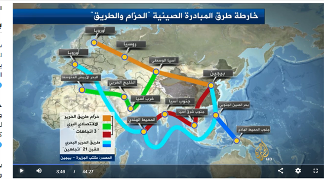 《中國是阿拉伯的重要夥伴》中，半島製作的「一帶一路」簡圖。（圖片來源：觀察者網）