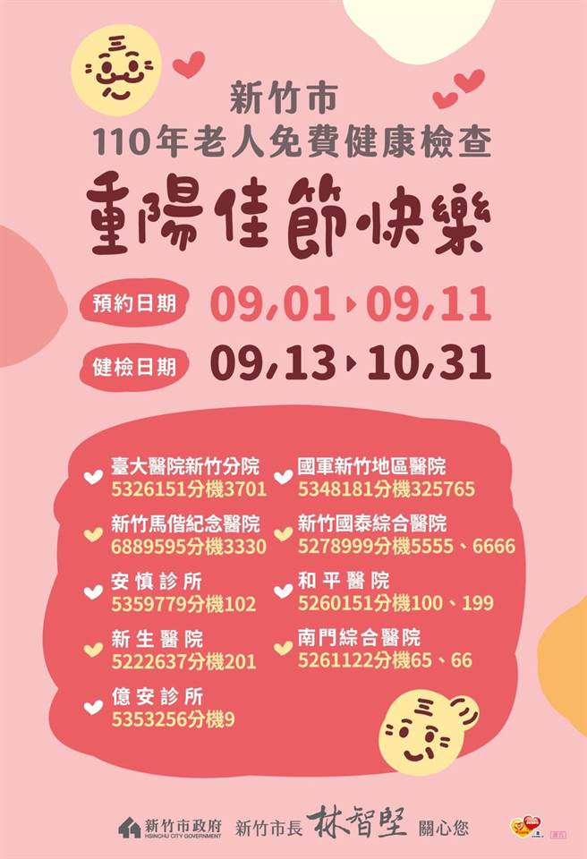 新竹市重阳敬老好福利9月开跑，长者免费健检服务9月1日起接受电话预约，全市共计有7760个名额。（新竹市政府提供／陈育贤新竹传真）