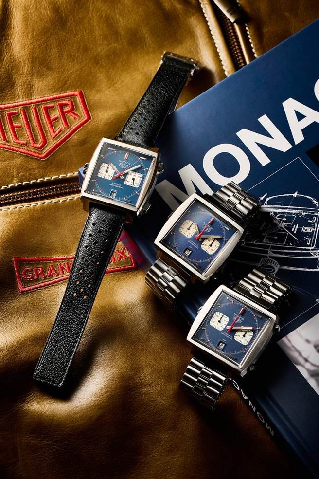 泰格豪雅Monaco腕表創下半世紀傳奇，圖左是今年新款Monaco腕表20萬8600元，圖中是Monaco第一代Transitional骨董表1970年，圖右是史蒂芬麥昆同款Monaco「McQueen」 骨董表1972年。（TAG Heuer提供）