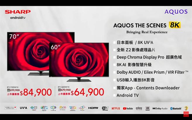 SHARP全新「AQUOS THE SCENES 8K 第三代8K显示器」，60吋定价7万9900元，上市优惠价6万4900元；70吋定价9万9900元，上市优惠价8万4900元。（翻摄直播画面）