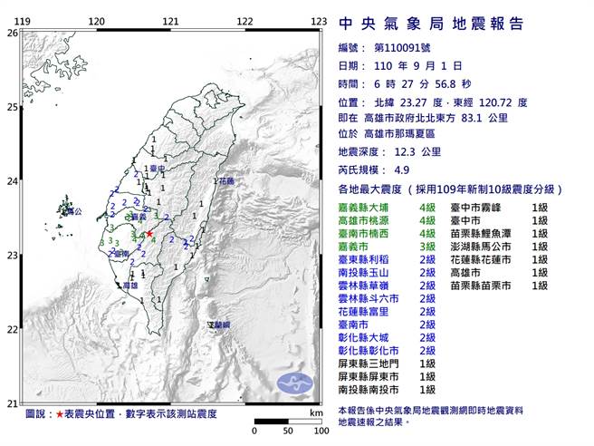 高雄市那玛夏区南部地区附近发生规模4.9有感地震。（图取自气象局网页）