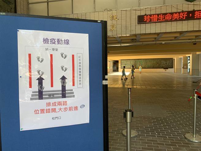 为消化大量人潮，校方也在门口设置热感应仪，学生必须鱼贯排成两排。（黄婉婷摄）