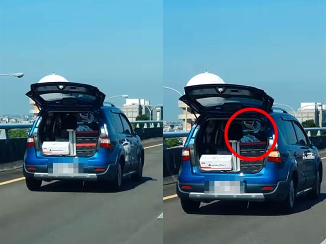1名网友日前在1处高架道路上发现前方1辆车竟敞开后行李厢车门高速行驶，该行李厢内不但堆满物品，甚至还有疑似「钢条」的物品。（翻摄自脸书「爆料公社二社」）