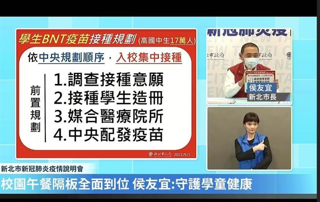 新北學生疫苗接種 侯友宜：將造冊入校施打。（新北市府提供）