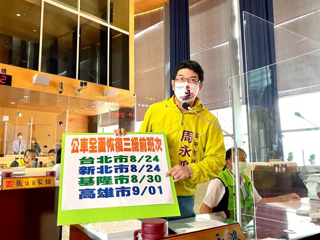 周永鸿要求交通局儘速与公车业者协调，恢復三级前公车班表，让民眾早日回归日常生活。（陈世宗摄）