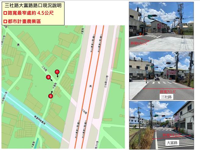台中市神岡區三社路與大富路口周邊用地屬於農業區，產權國有與私人地交錯，需先經都市計畫變更為道路用地。（台中市建設局提供／王文吉台中傳真）
