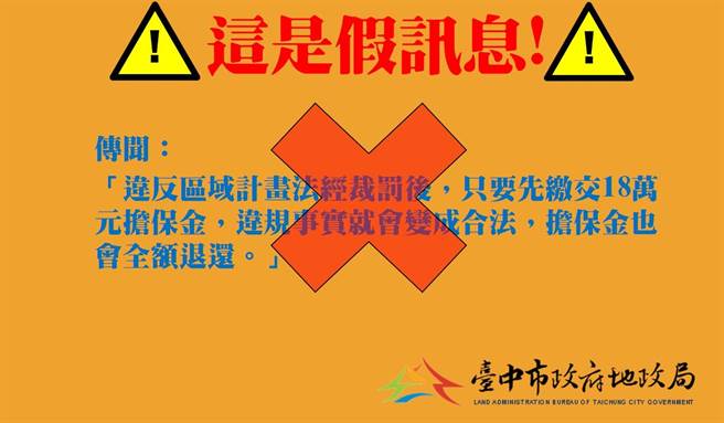 有謠傳指若遭裁罰只需要繳交擔保金就免罰？台中市地政局澄清「絕無此事」。(地政局提供／林欣儀台中傳真)