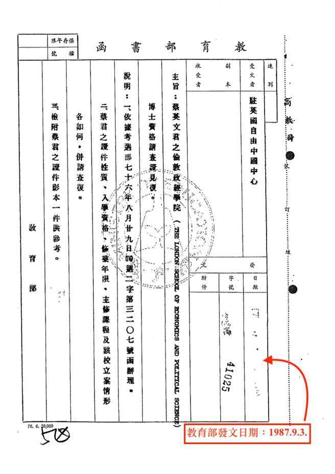 1987年考选部要求启动调查蔡英文博士学歷一事，教育部立即在1987年的9月3日发出公文函给驻英国自由中国中心。（图／摘自独立观察脸书）