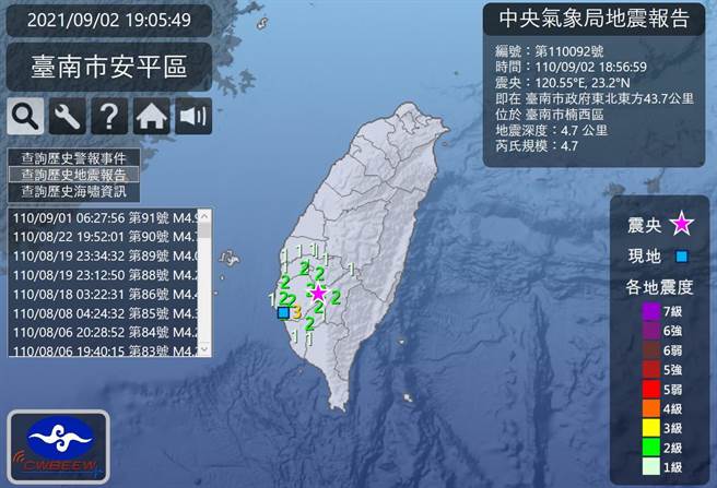 台南市楠西区2日传出芮氏规模4.7地震，民眾有感但台南市消防局尚无传出灾情。（台南市消防局提供／程炳璋台南传真）
