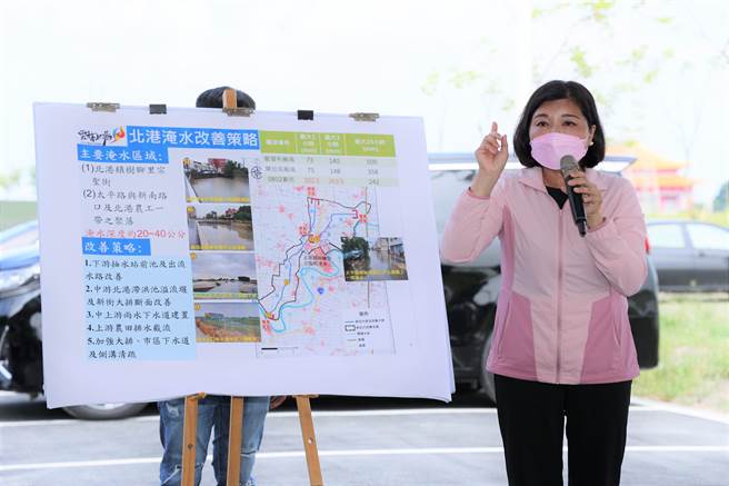 云林县长张丽善3日出席「北港淹水改善策略」地方说明会表示，北港滞洪池的位址是全镇少数高于海平面的良田，她担任第6届立委时是反对这个计画的，应该找低洼、靠近堤防之处开挖才对。这次滞洪池 蓄水仅3分之2，溢流堰太低，导致水流来流去；新街大排的前池不够大，抽水机的功能没有发挥。（周丽兰摄）