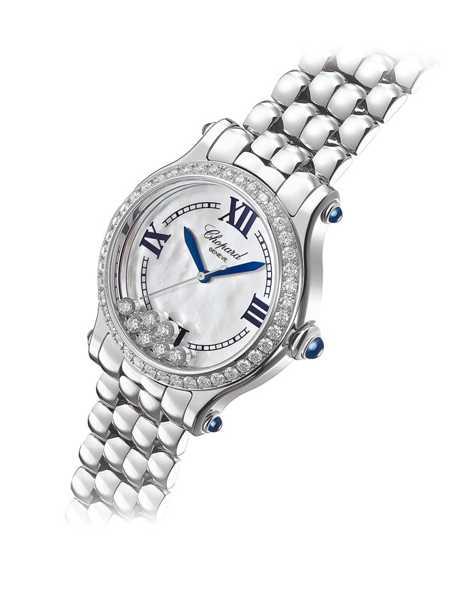 萧邦Happy Sport the First精钢钻表，表圈镶钻，7颗滑动钻石，限量788只。