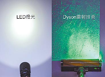 Dyson V12 Detect Slim智能轻量无线吸尘器，透过全新「Laser Slim Fluffy智慧雷射轻量软质碳纤维滚筒吸头」照亮的效果可凸显附着于地面上的微尘，让使用者更能彻底进行清洁。（Dyson提供）