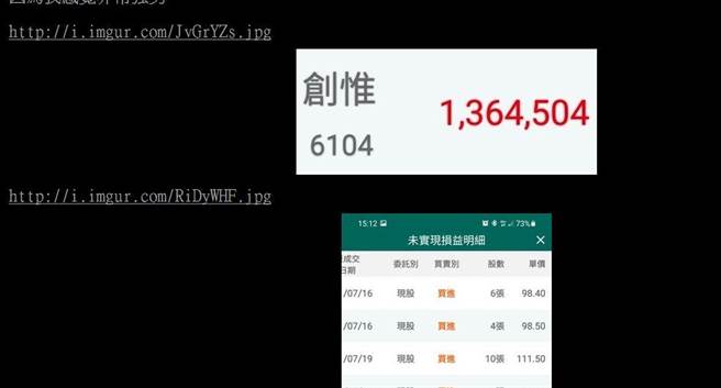 1名網友看好創惟基本面，虧損仍不脫手，隨後股價暴漲大賺130萬。（圖／截圖自PTT@PrettyOdd）