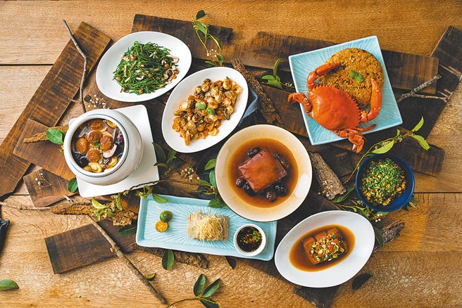 「富锦树台菜香槟」推出的各式菜色反映台菜的兼容并蓄。（富锦树台菜香槟提供）