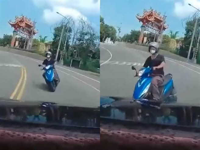 彰化县1处道路3日发生1辆青少年驾驶的机车在过弯时，疑似车速过快直接衝到对向车道，与车道上1辆轿车面对面险先对撞。（翻摄自脸书「八卦村-行车纪录器影片上传中心」）