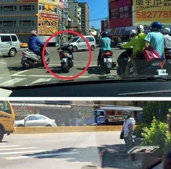 另外有网友在留言处分享，有名机车骑士因为不愿晒太阳，竟将机车停在待转区，整个人走到一旁阴影处遮阳。（翻摄自脸书「路上观察学院」）