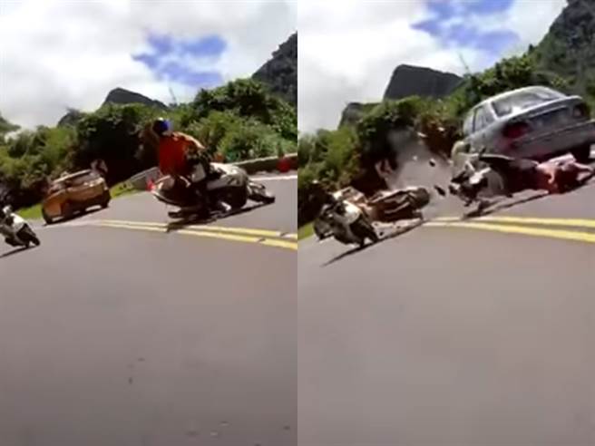 機車在1處彎道過彎時疑似車速過快、未算準角度，一路壓車下衝到對向車道，遭到對向轎車迎面撞上，騎士當場被撞飛，機車也被撞得四分五裂。（翻攝自YouTube）